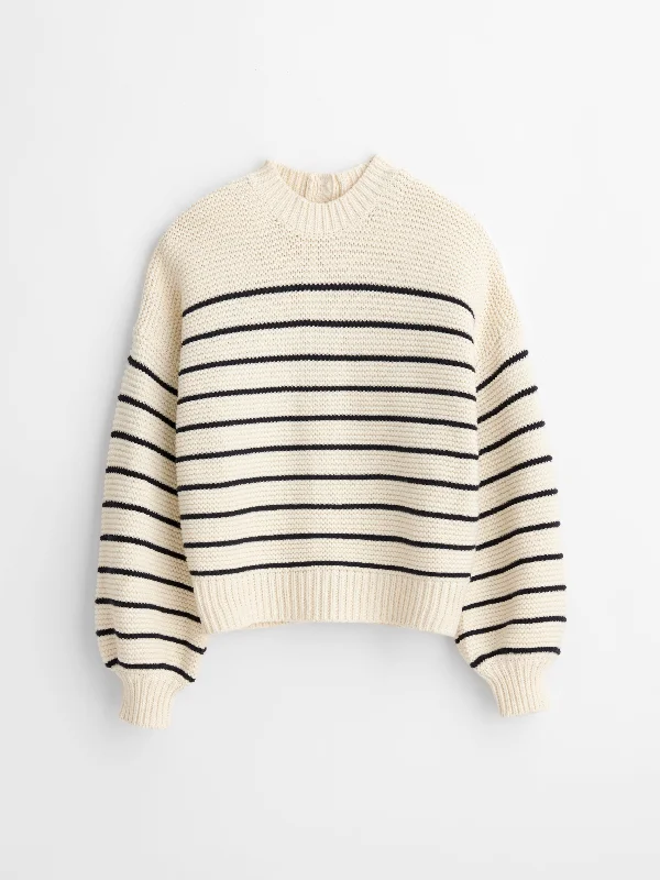 Button-Back Crewneck Sweater in Stripe