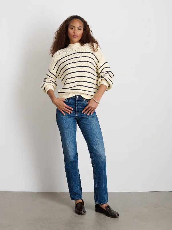 Button-Back Crewneck Sweater in Stripe