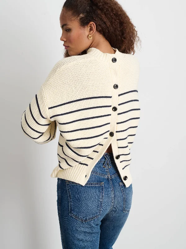 Button-Back Crewneck Sweater in Stripe