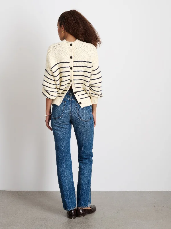 Button-Back Crewneck Sweater in Stripe