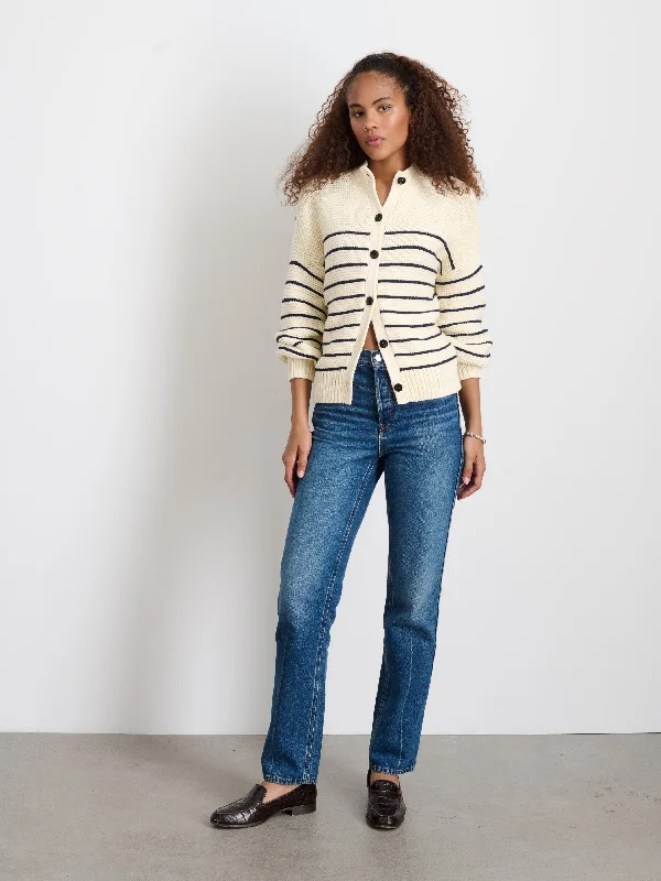 Button-Back Crewneck Sweater in Stripe