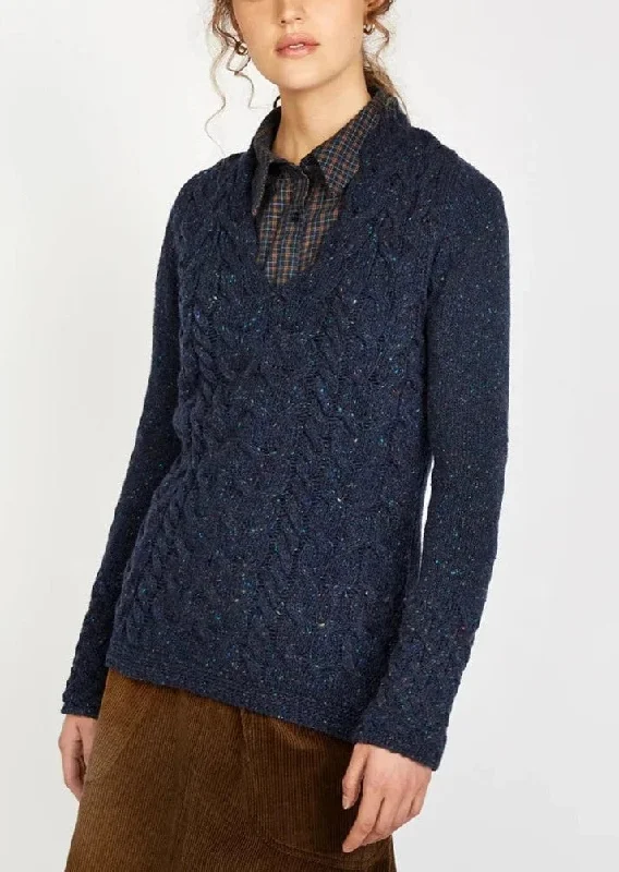 Horseshoe V Neck Aran Sweater | Rich Navy