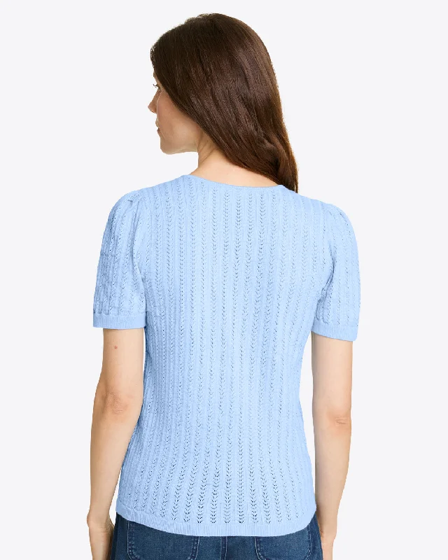 Short Sleeve Sweater in Blue Pointelle