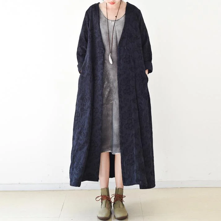 2021 fall blue jacquard linen cardigans plus size casual trench coat