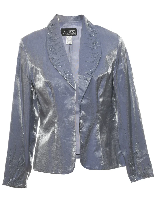 Beaded Light Grey Blazer Style Evening Jacket - M