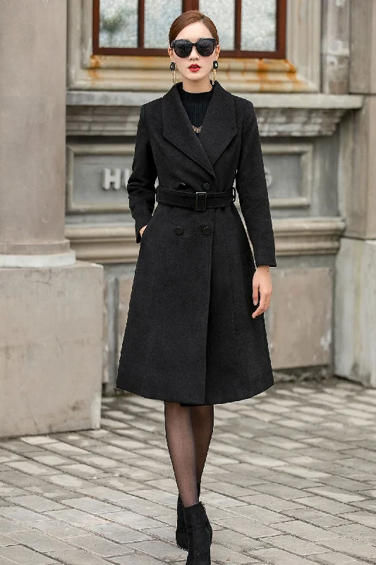 Black Belted Wool Coat Women 3146