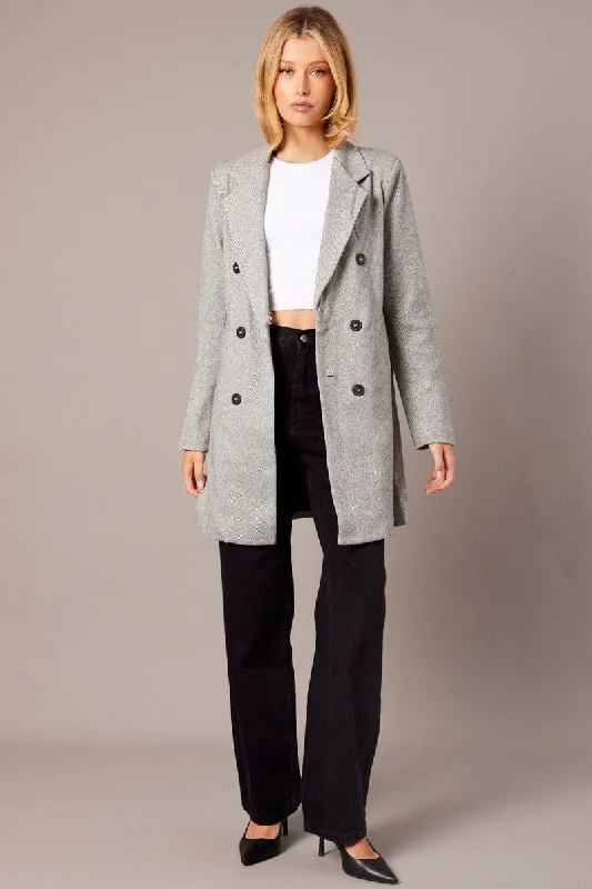 Black Check Check Double Breasted Coat Long Sleeve Collar