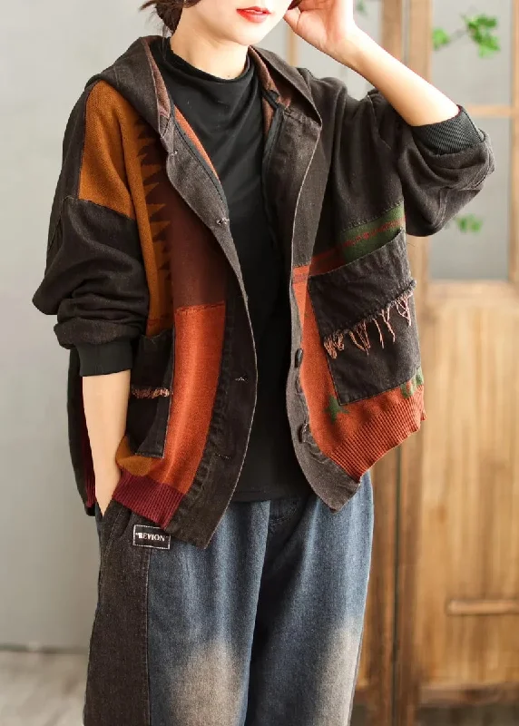 Black Pockets Patchwork Original Denim Coat Hooded Spring