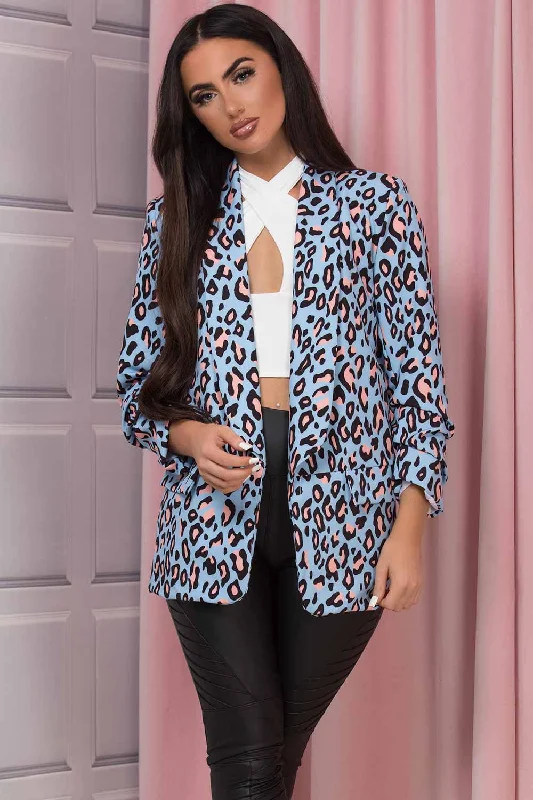 Blazer Jacket With Ruched Sleeves Blue Leopard Print