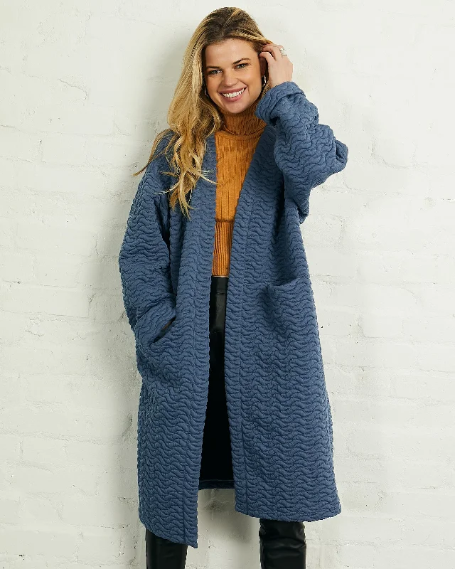 Quilted Long Open Front Coat with Pockets in Blue | Cali