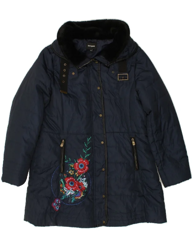 DESIGUAL Womens Graphic Padded Coat IT 46 Large Navy Blue Floral Polyester