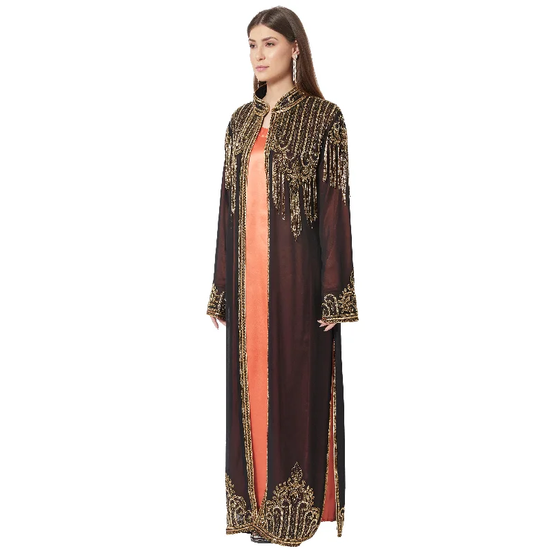 Embroidered Long Cardigan with Golden Hand Work