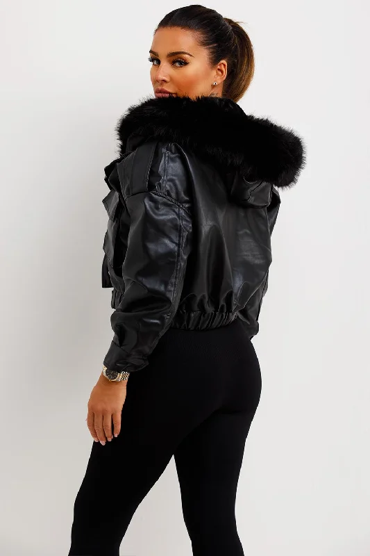 Faux Leather Bomber Jacket With Faux Fur Hood Black