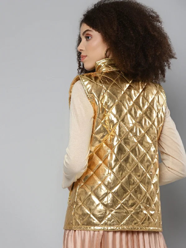 Gold Metallic Sleeveless Puffer Jacket