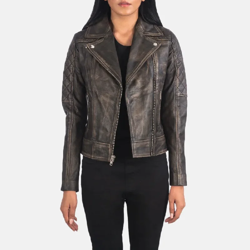 Distressed Brown Ladies Biker Jacket