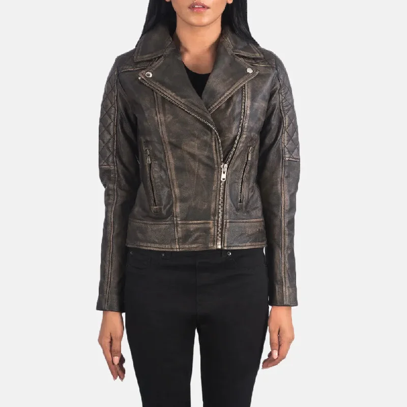 Distressed Brown Ladies Biker Jacket