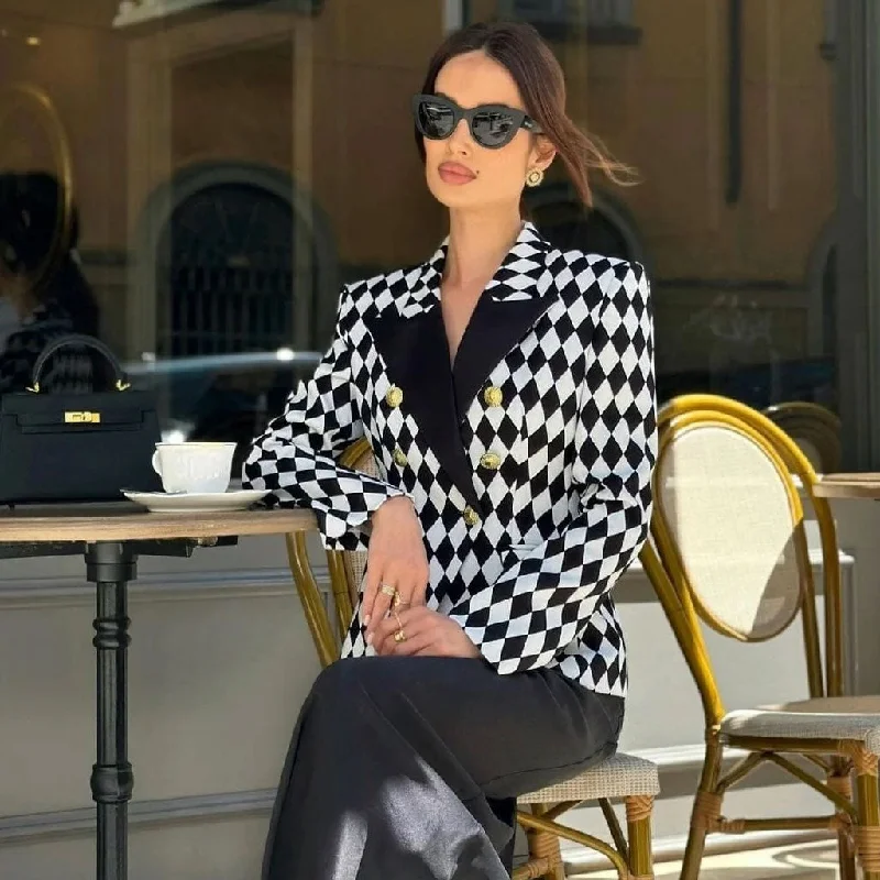 Monochrome Contrast Argyle Print Double Breasted Cinched Waist Blazer