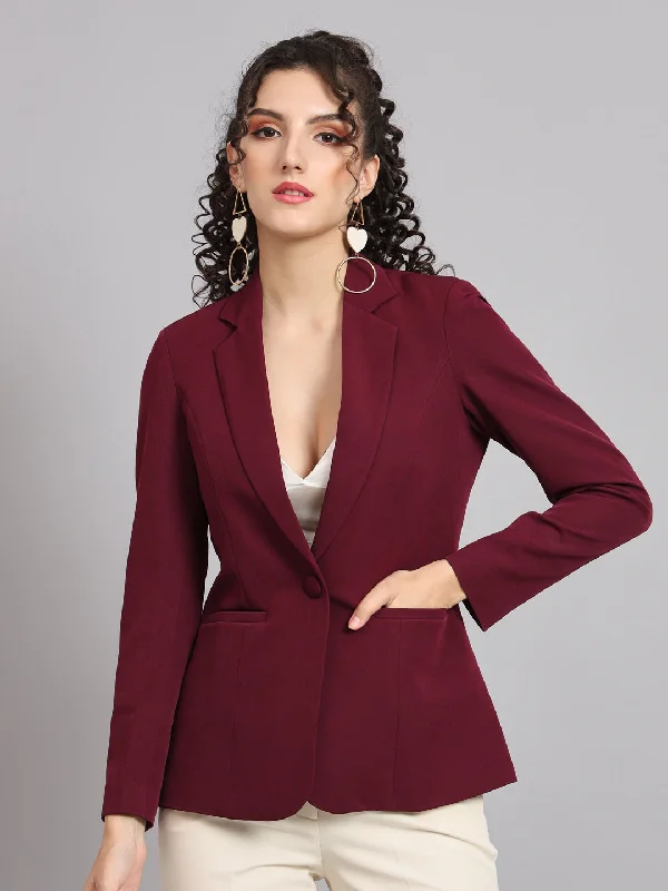 Notched Collar  Blazer - Maroon