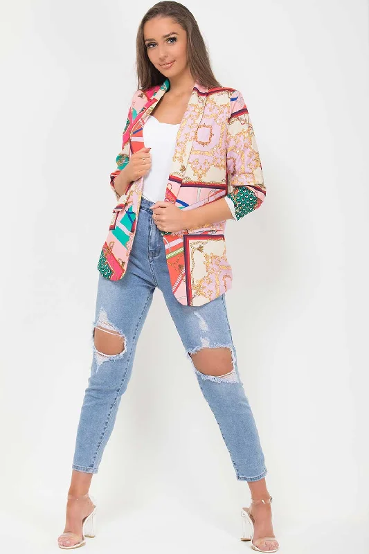 Scarf Print Ruched Sleeve Blazer Pink