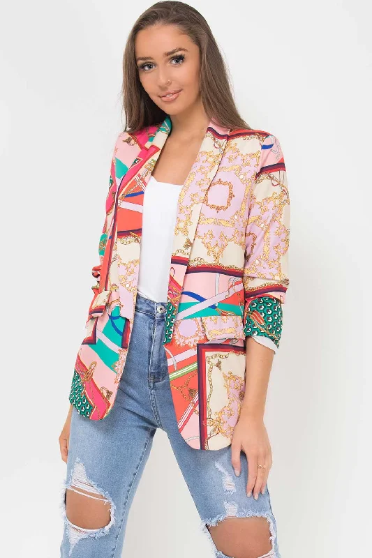 Scarf Print Ruched Sleeve Blazer Pink