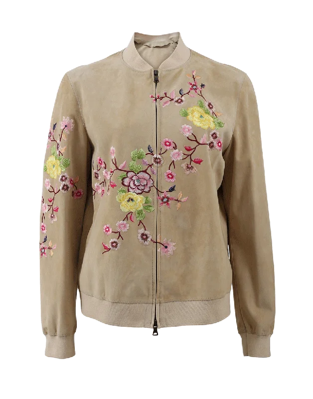 Suede Floral Embroidered Bomber