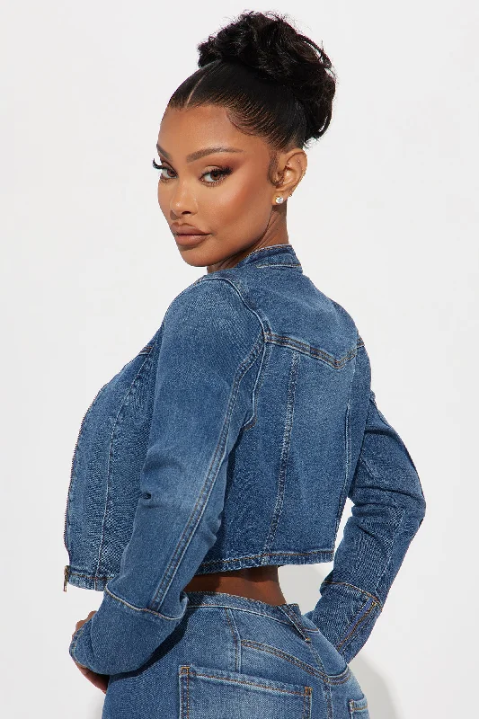 Tagging Along Stretch Denim Moto Jacket - Medium Wash