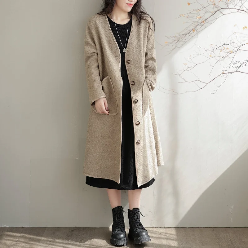 Women Autumn Cotton Solid Casual Overcoat