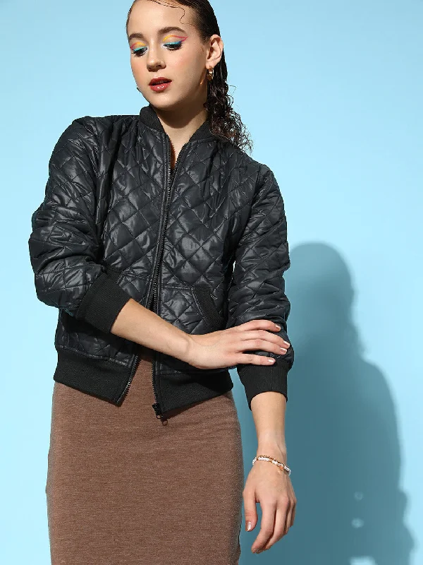 Women Black Quilted Bomber Jacket