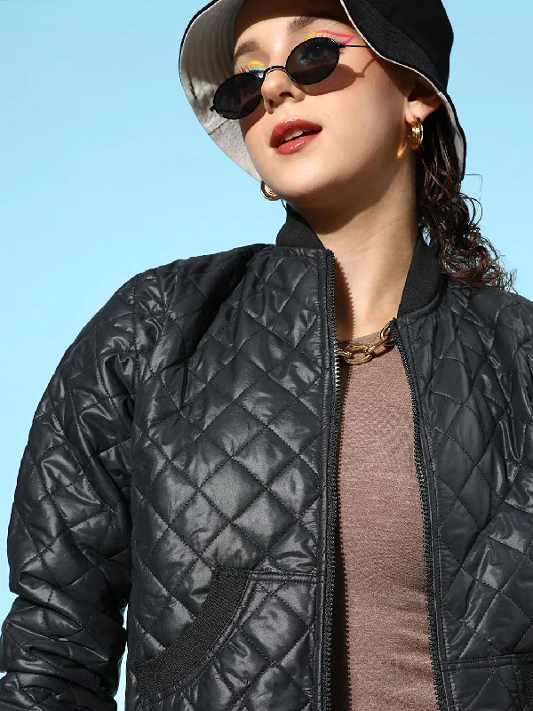 Women Black Quilted Bomber Jacket