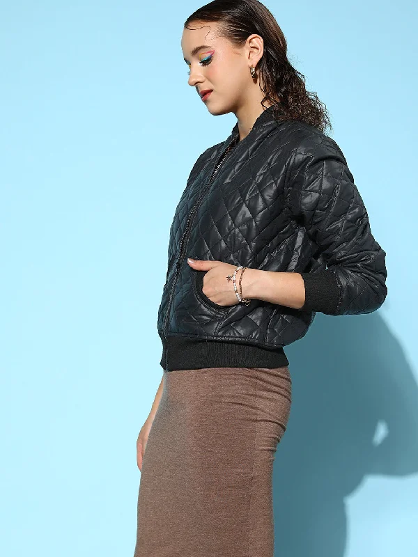 Women Black Quilted Bomber Jacket