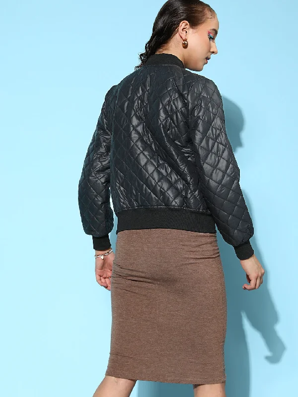 Women Black Quilted Bomber Jacket