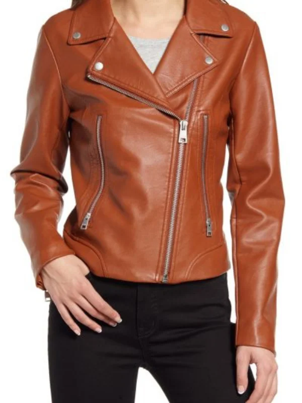 Women Tan Brown Biker Leather Jacket