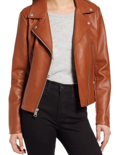 Women Tan Brown Biker Leather Jacket