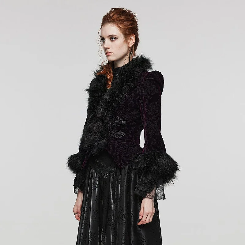 Women's Gothic Plunging Faux Fur Splice Velvet Coat