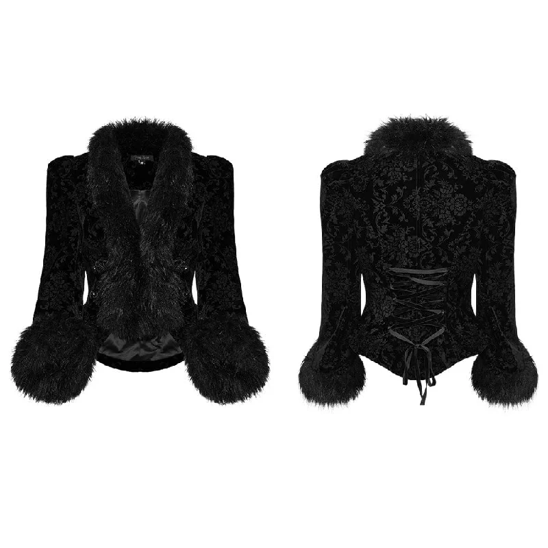 Women's Gothic Plunging Faux Fur Splice Velvet Coat