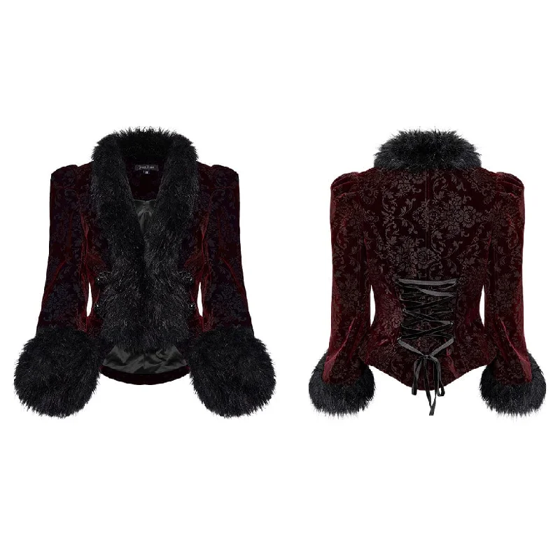 Women's Gothic Plunging Faux Fur Splice Velvet Coat