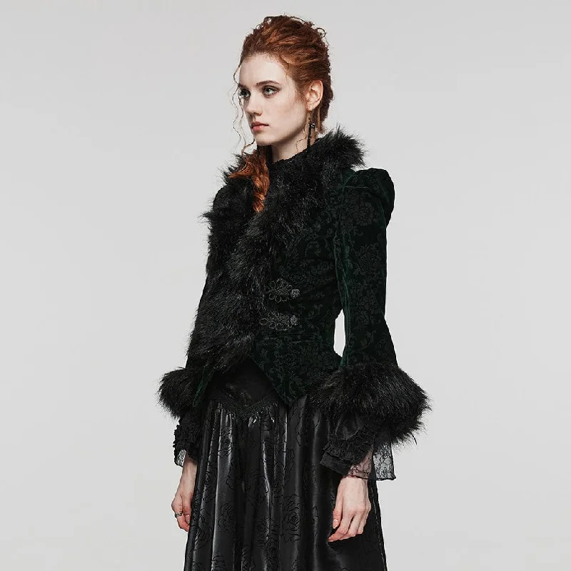 Women's Gothic Plunging Faux Fur Splice Velvet Coat