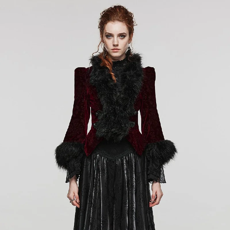 Women's Gothic Plunging Faux Fur Splice Velvet Coat