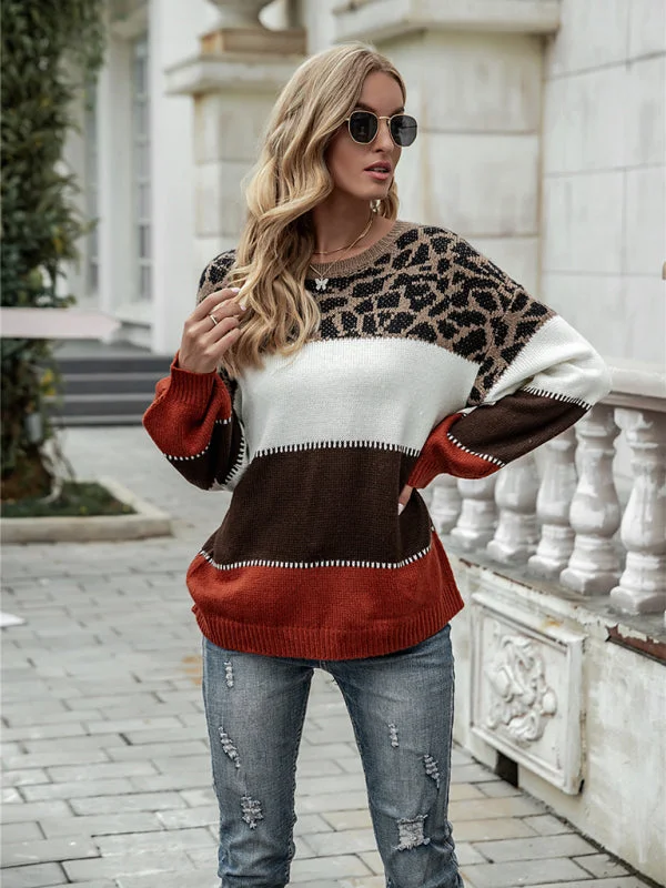 Women's Leopard Print Colour Block Loose Fit Knitted Jumper