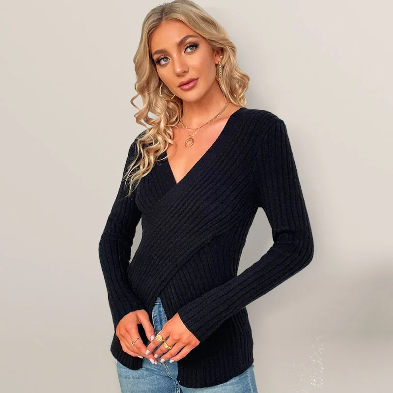 Women's V-Neck Ribbed Crossover Jumper