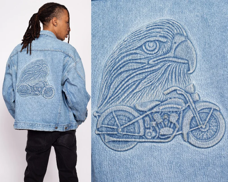 90s Denim 3D Eagle Embossed Biker Jacket - Men's Large