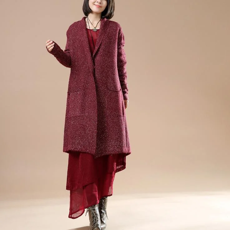 Burgundy long sleeve knit cardigans oversize coats