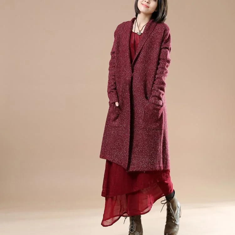 Burgundy long sleeve knit cardigans oversize coats