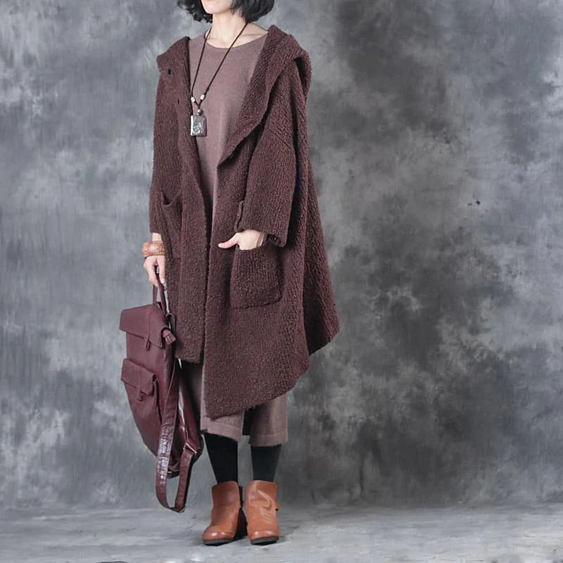 new casual burgundy hooded casual knit winter outwear plus size tie waist sweater coat