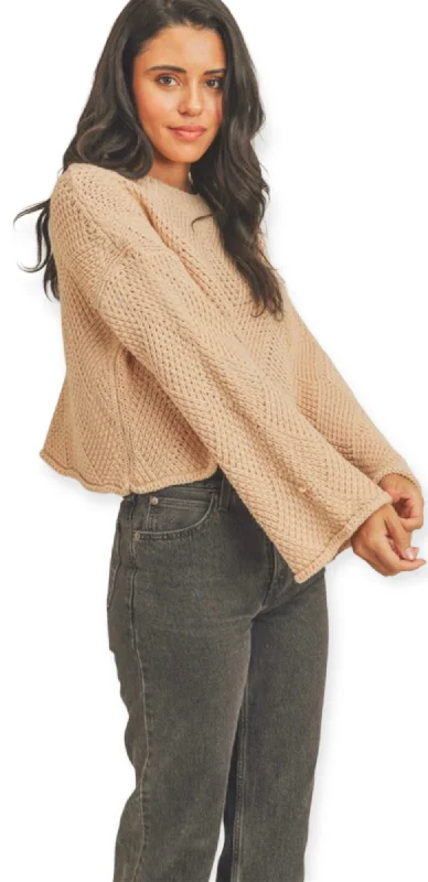 Taupe Knit Sweater With Flare Sleeves