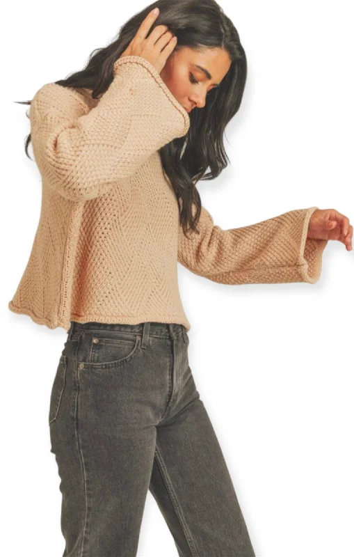 Taupe Knit Sweater With Flare Sleeves