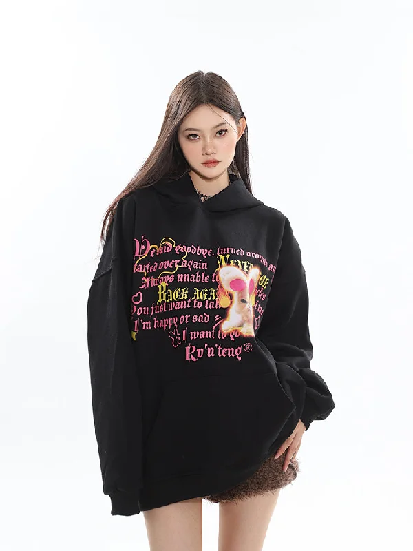 Dria Solid Color Graphic Letter Image Print Long Sleeve Baggy Hoodie