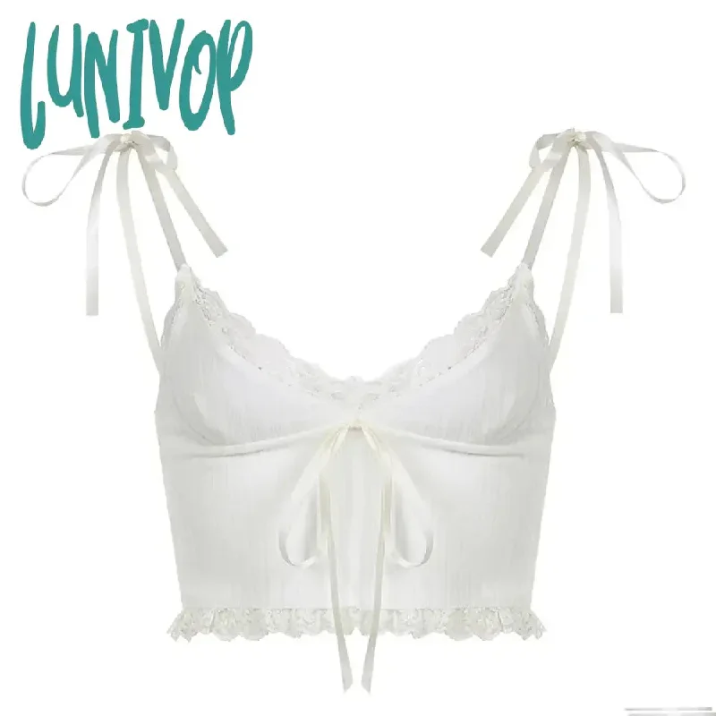 Lunivop New Y2K Lace Trim Crop Top Aesthetic White Bow Cute Sweet Mini Vest Knitted Basic Casual Tee Women Summer Backless Beach