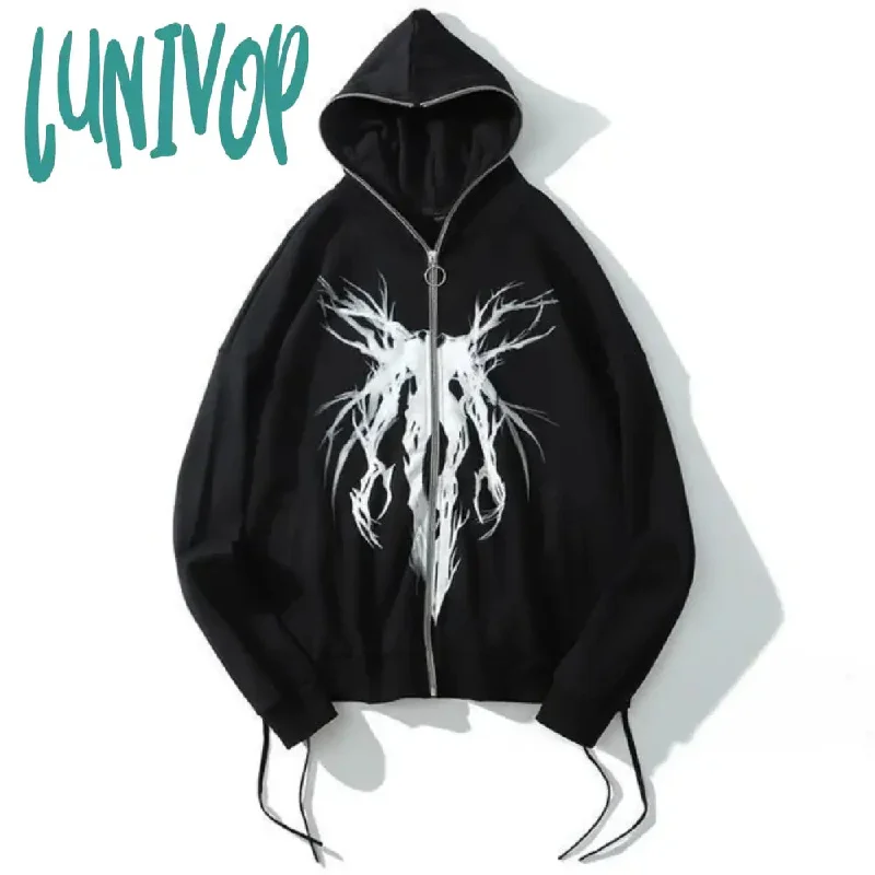 Lunivop Oversize Full Zip Graphic Hoodies Women Grunge Streetwear Black Zip Up Hooded Sweatshirts Men Goth Hip Hop Couple Tops