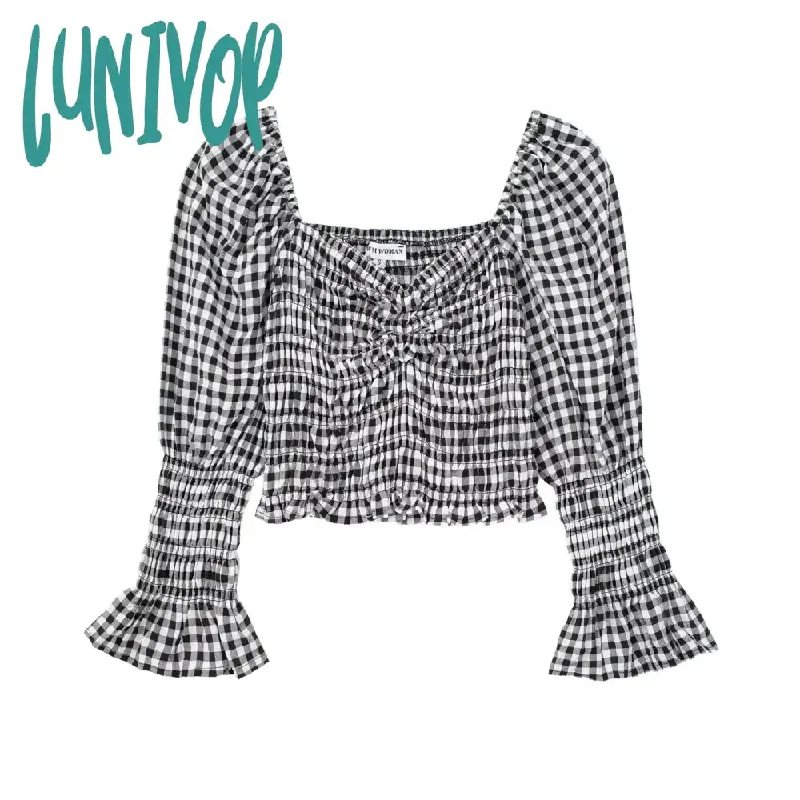 Lunivop Vintage Plaid Cropped Shirts For Women 2024 Spring Summer New V-neck Long Sleeve Pullover Blouses Female Casual Fashion Blouse